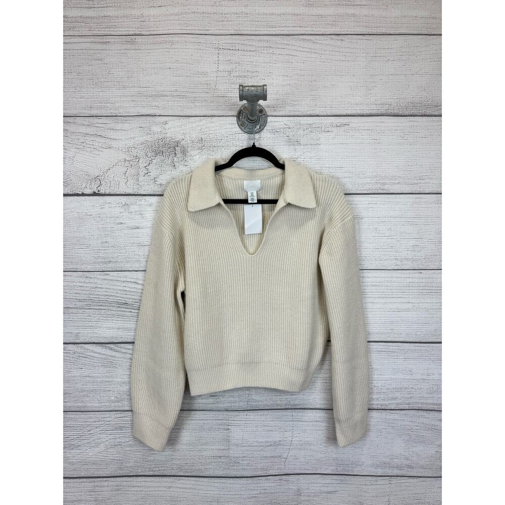 H&M Women's Cream Knit Collar V-Neck Sweater Size Medium